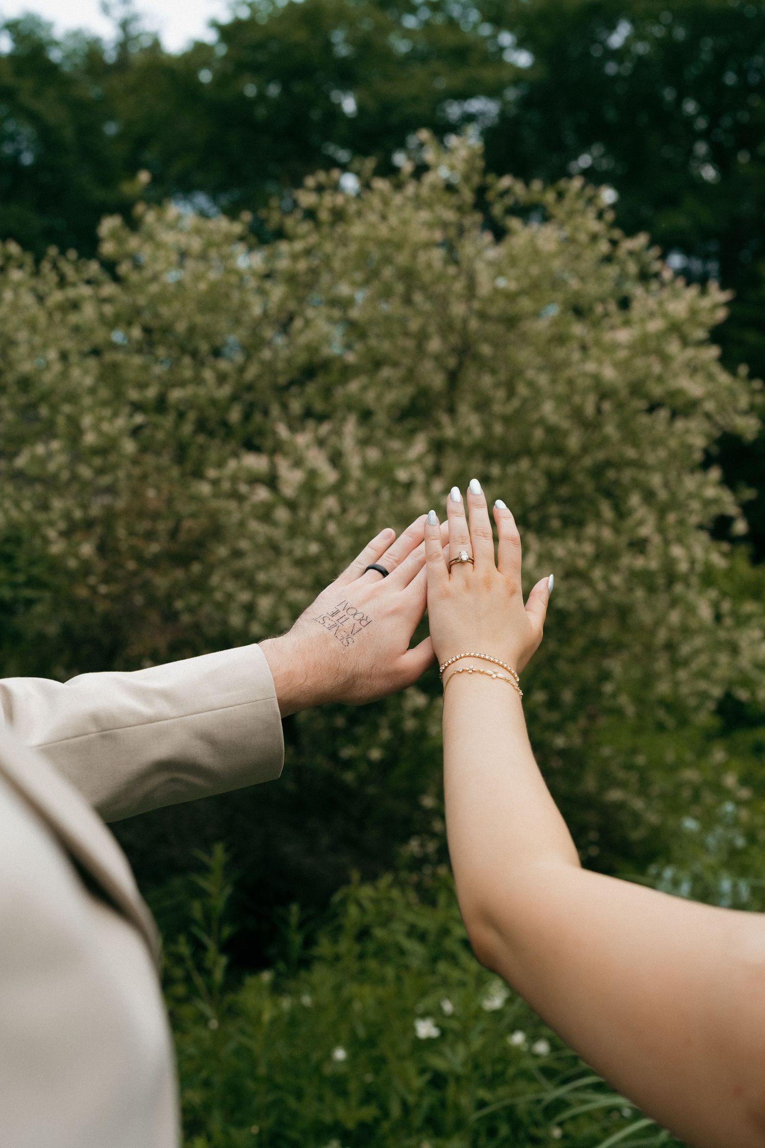Two hands reach out against a blurred natural background in an artistic sequence of movements.