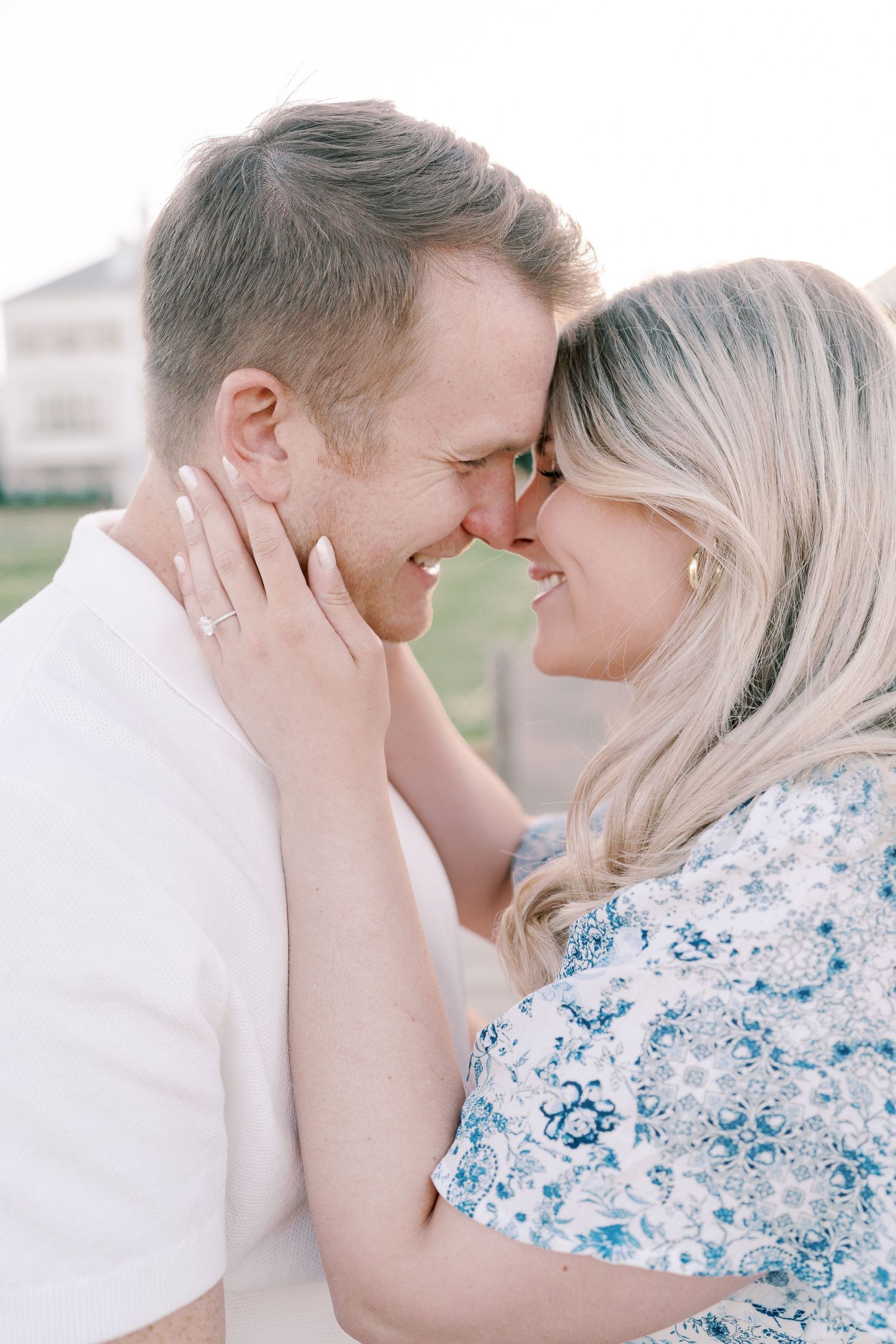 Intimate close-up portraits of couple sharing tender moments outdoors.