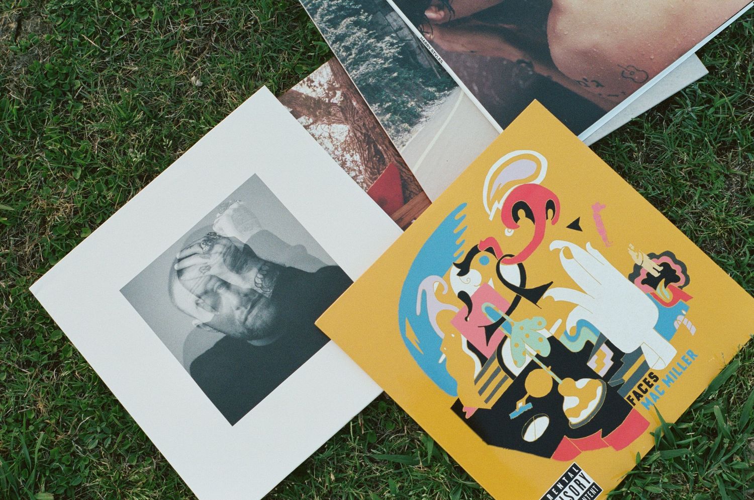Collection of printed photographs laid out on green grass.