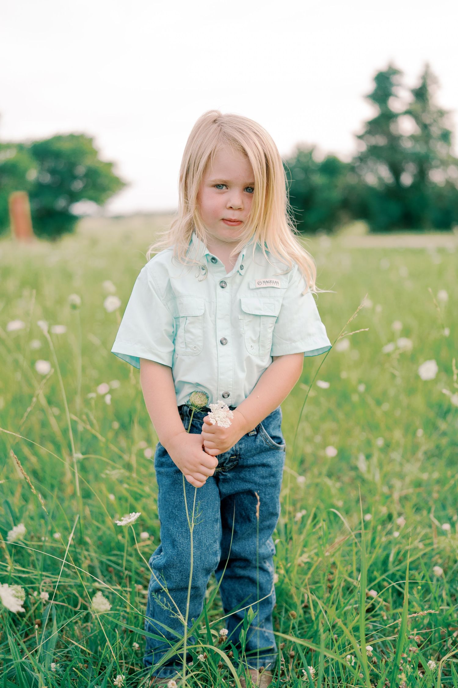 Young child in light colored shirt explores tall grass in a summer meadow.