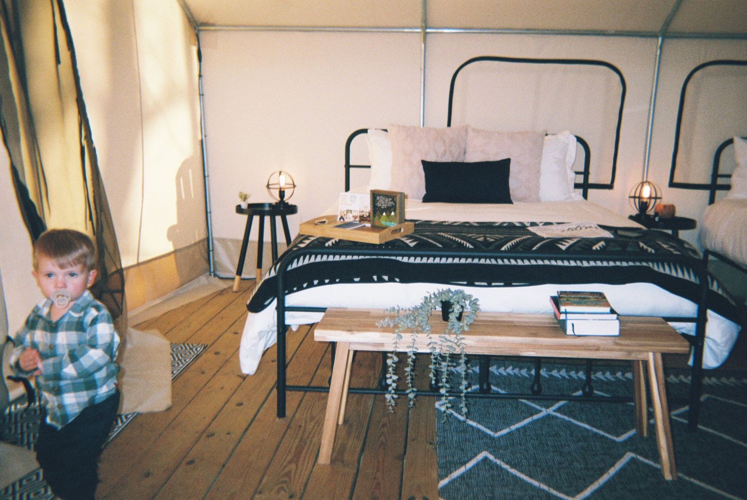 Modern bedroom interior with black metal bed frame and wooden floors.