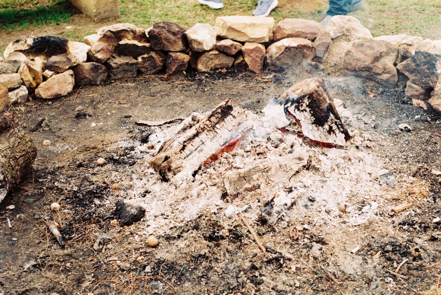 Remnants of a campfire with burnt logs and ashes surrounded by a stone ring.