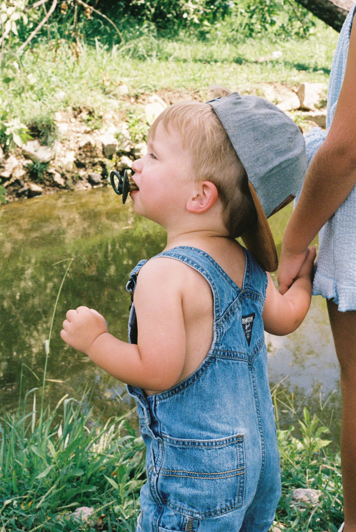 Child in denim overalls playing near a pond on a sunny summer day.