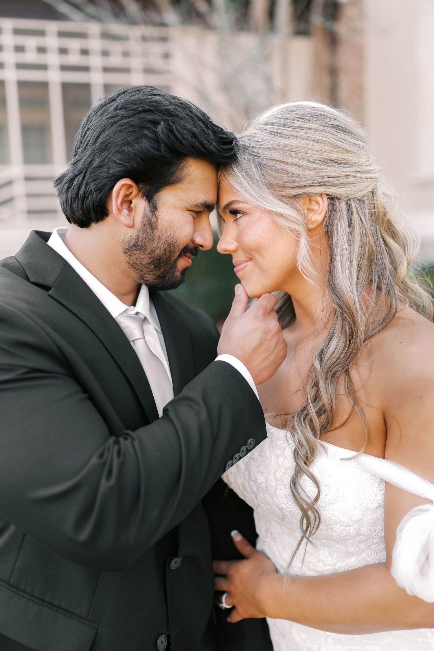 Romantic wedding photo sequence showing intimate close-up moments between newlyweds.