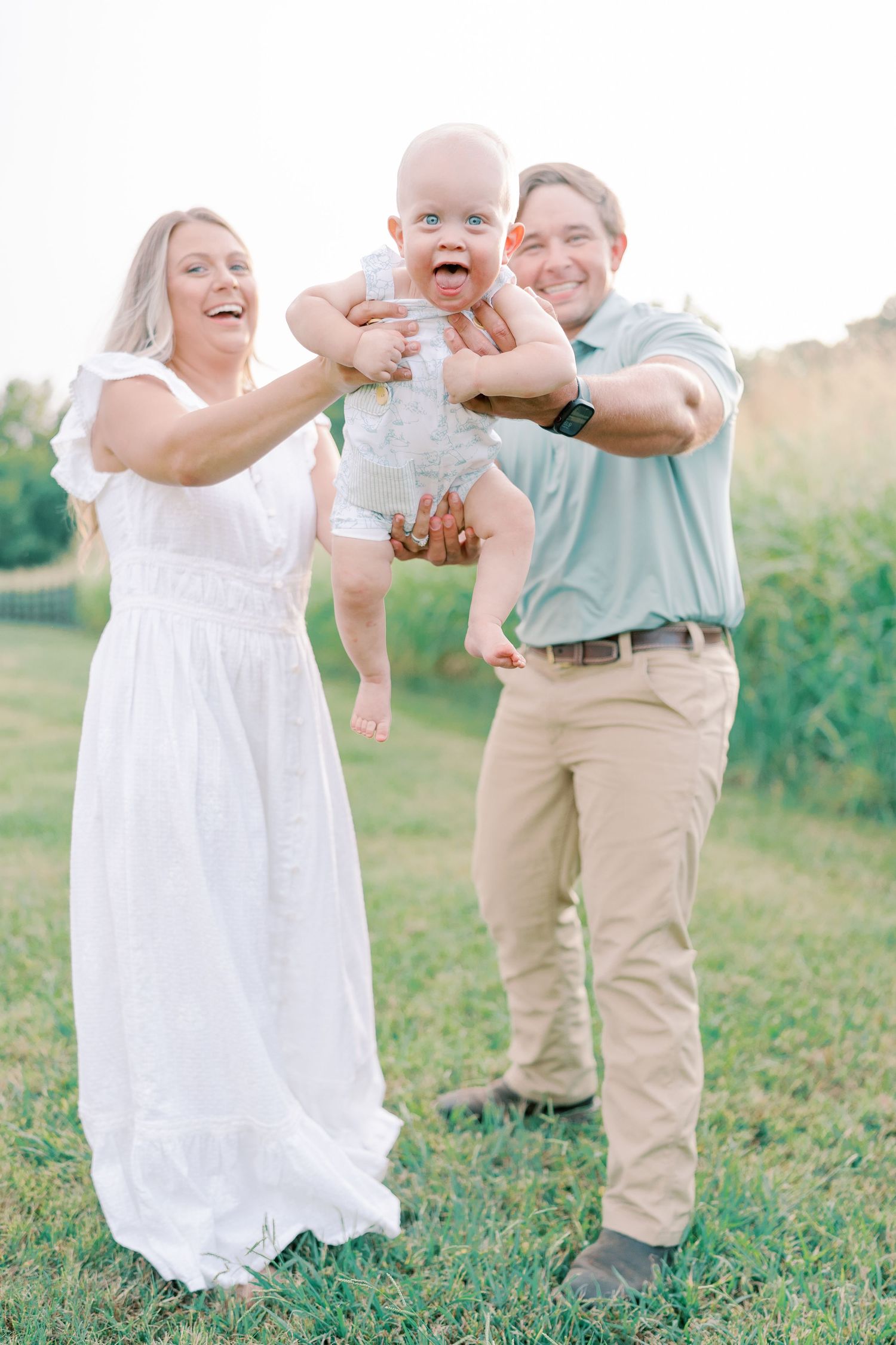 Candid family photos showing playful interactions and laughter in a sunny outdoor setting.