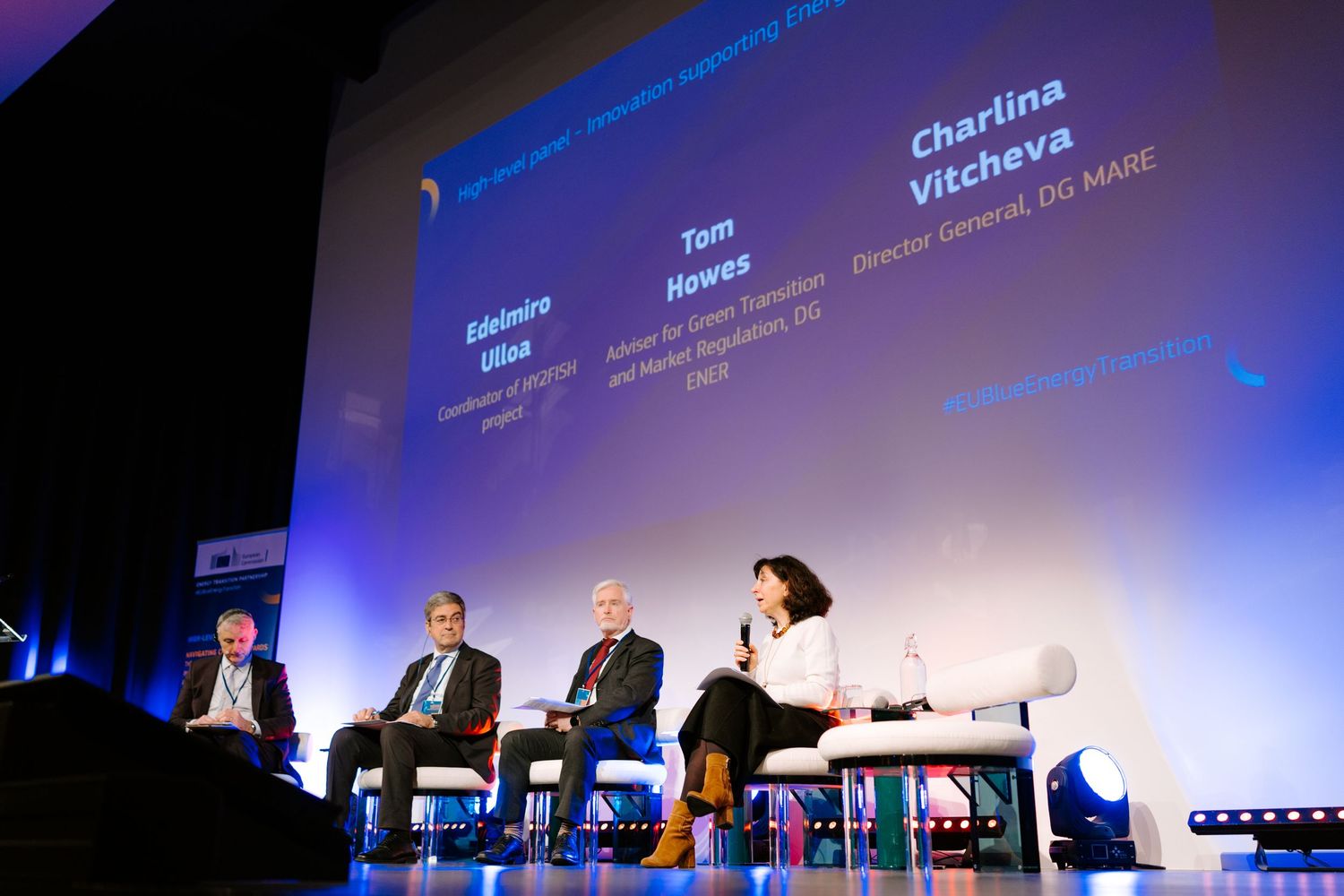 Panel discussion featuring Charlina Vitcheva DG MARE and speakers at conference event.