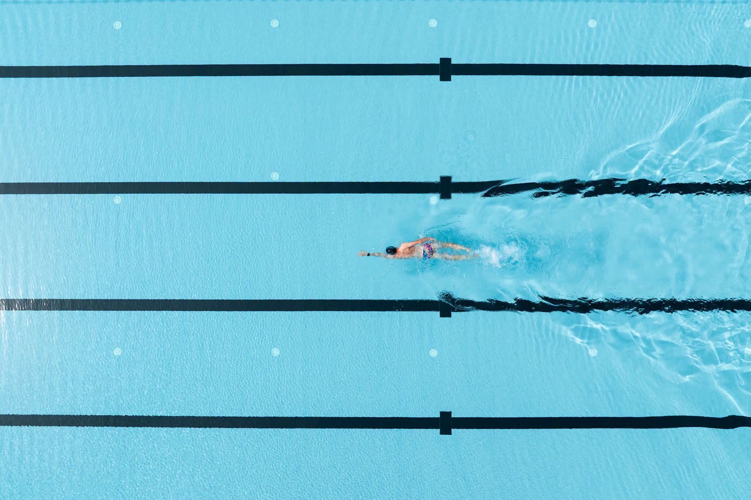 Aerial view of a swimmer doing freestyle in a blue competition pool with black lane dividers.
