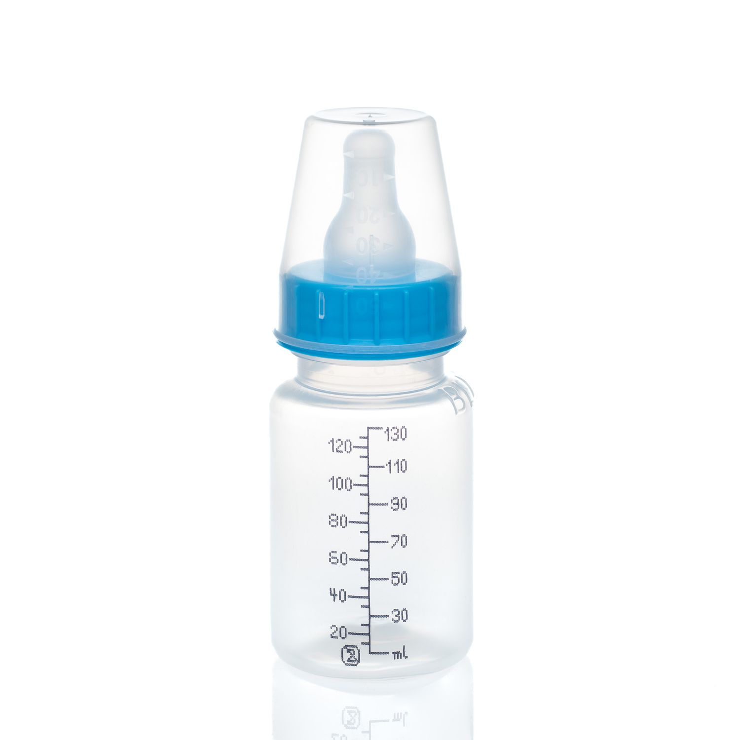Blue and clear plastic baby feeding bottle with measurement markings on white background.