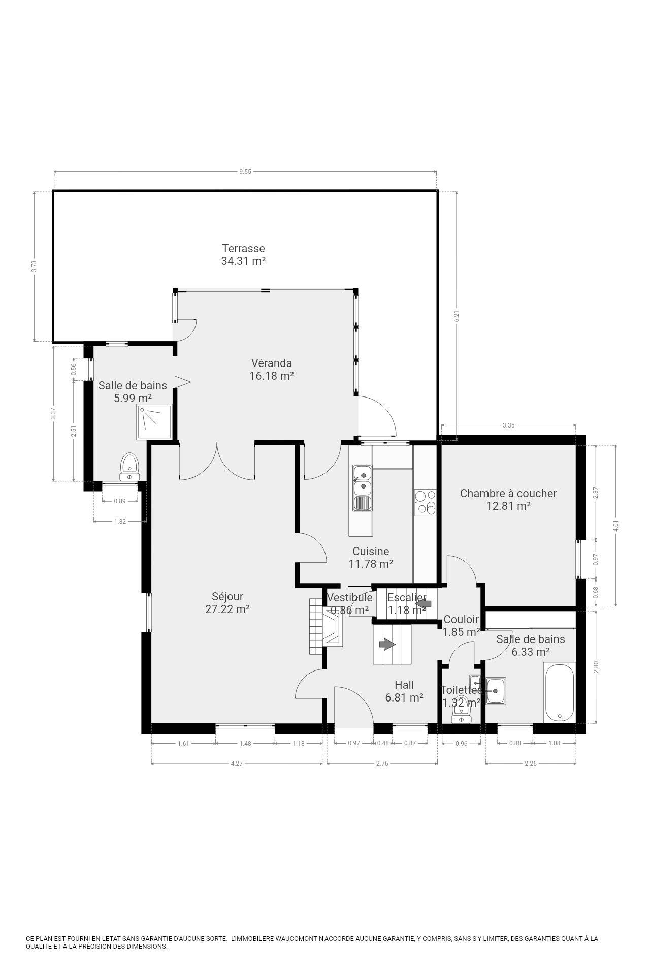 Detailed floor plan showing rooms including veranda, kitchen, bedroom, and terrace with measurements.