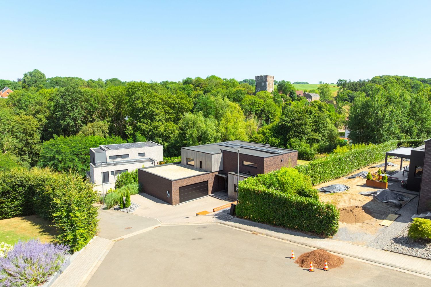 Aerial view of modern dark-clad houses surrounded by lush green trees under a clear blue sky.