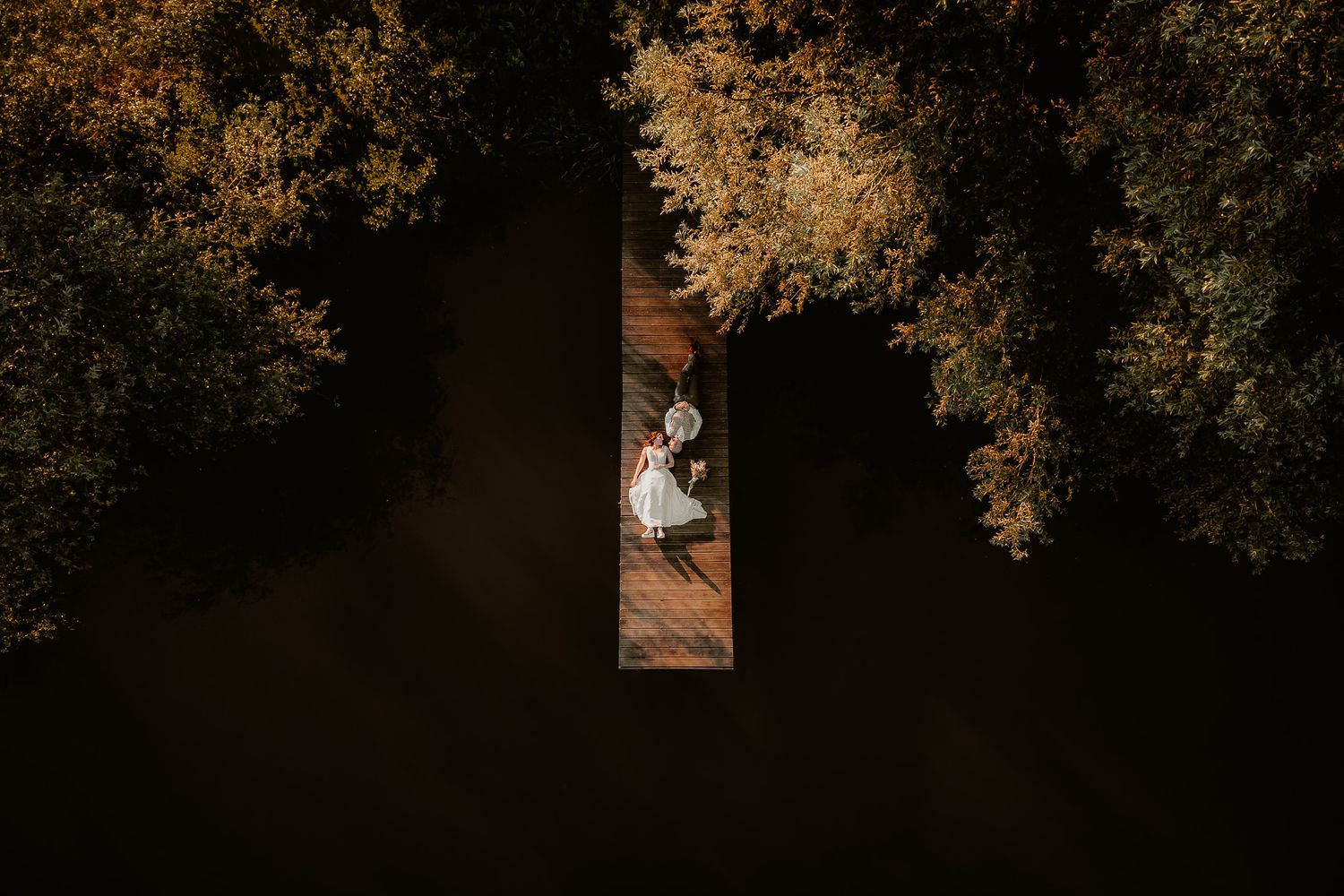 Aerial drone view of bride in white wedding dress walking on a path surrounded by autumn trees.