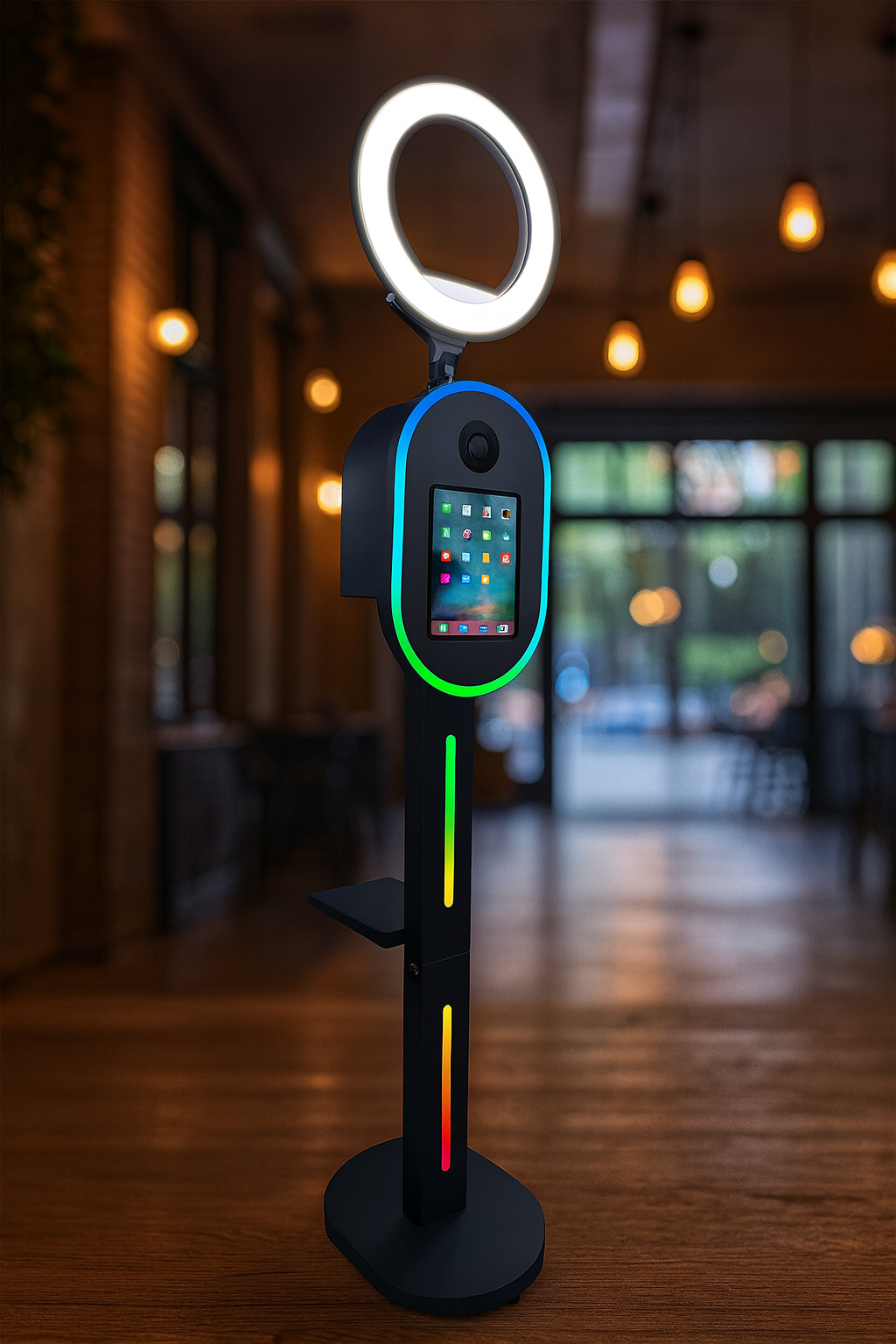 DSLR Photo Booth in O'Fallon, Missouri. Modern photo booth kiosk with LED ring light and colorful accents in dimly lit venue.