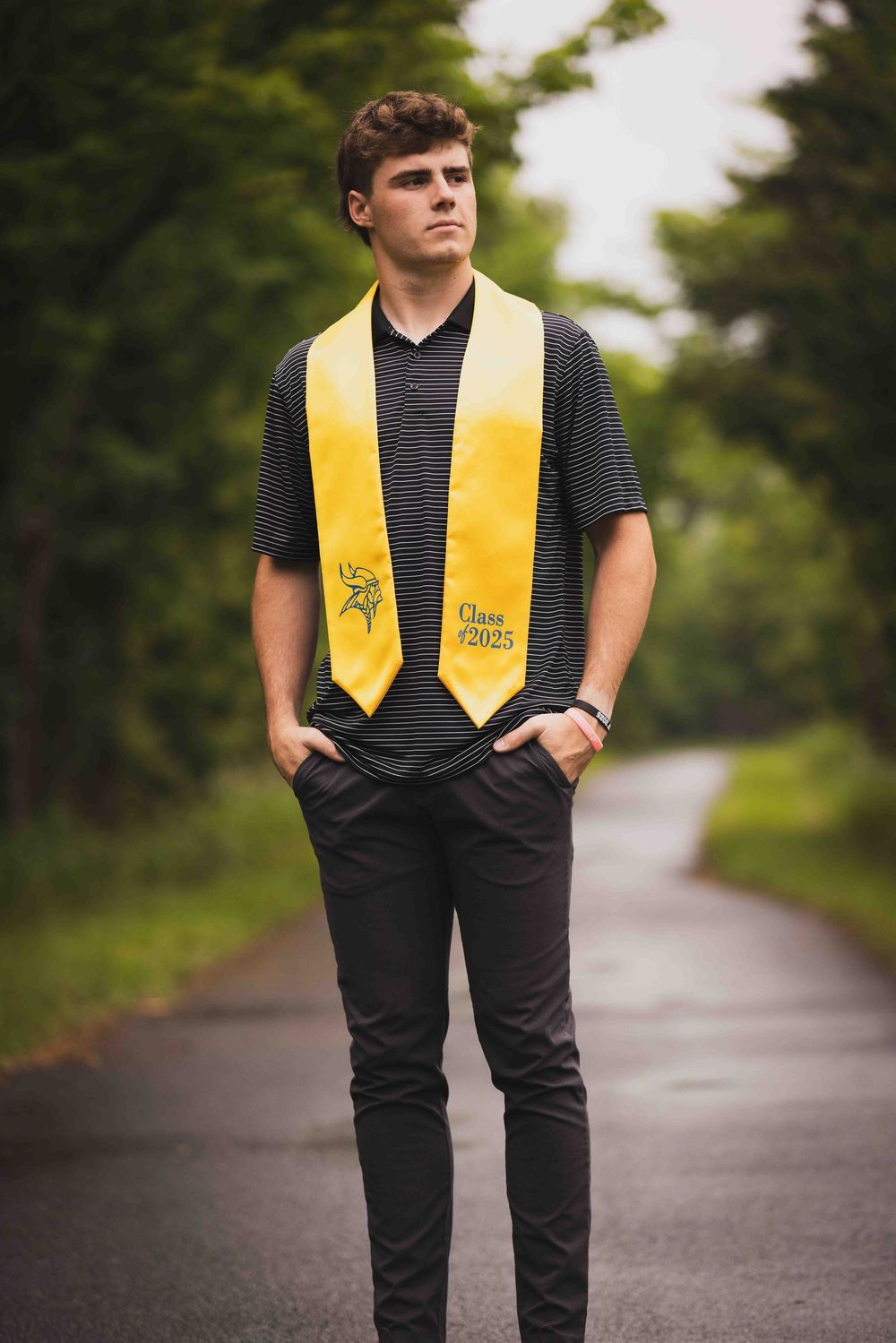 Senior photo session in O'Fallon, Missouri of Francis Howell Graduate in black attire and yellow stole standing on a tree-lined path. Moody