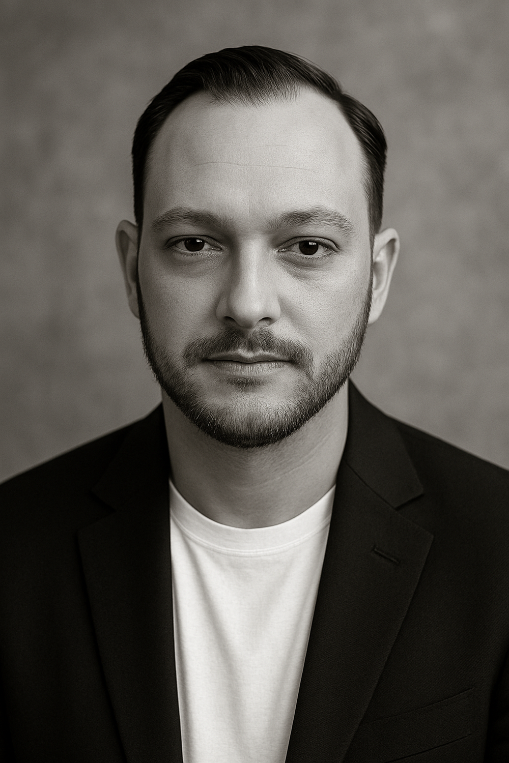 Lifestyle photographer in professional headshots in black and white wearing dark suit and white shirt. O'Fallon, Missouri photographer.