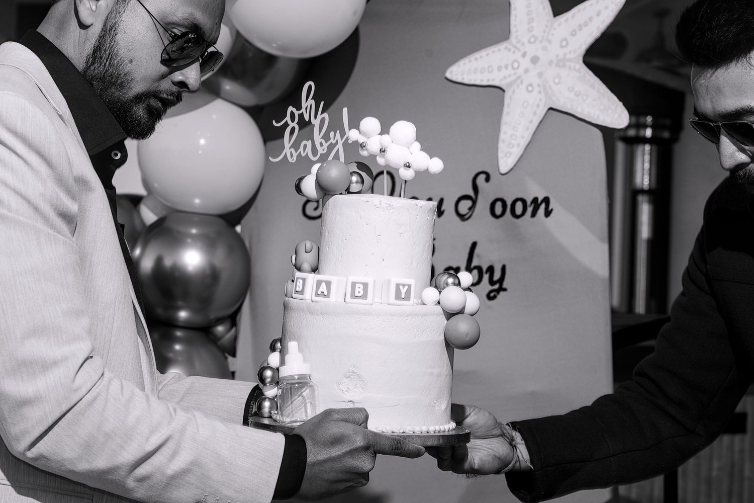Black and white photos showing celebratory moments with balloons and party decorations.