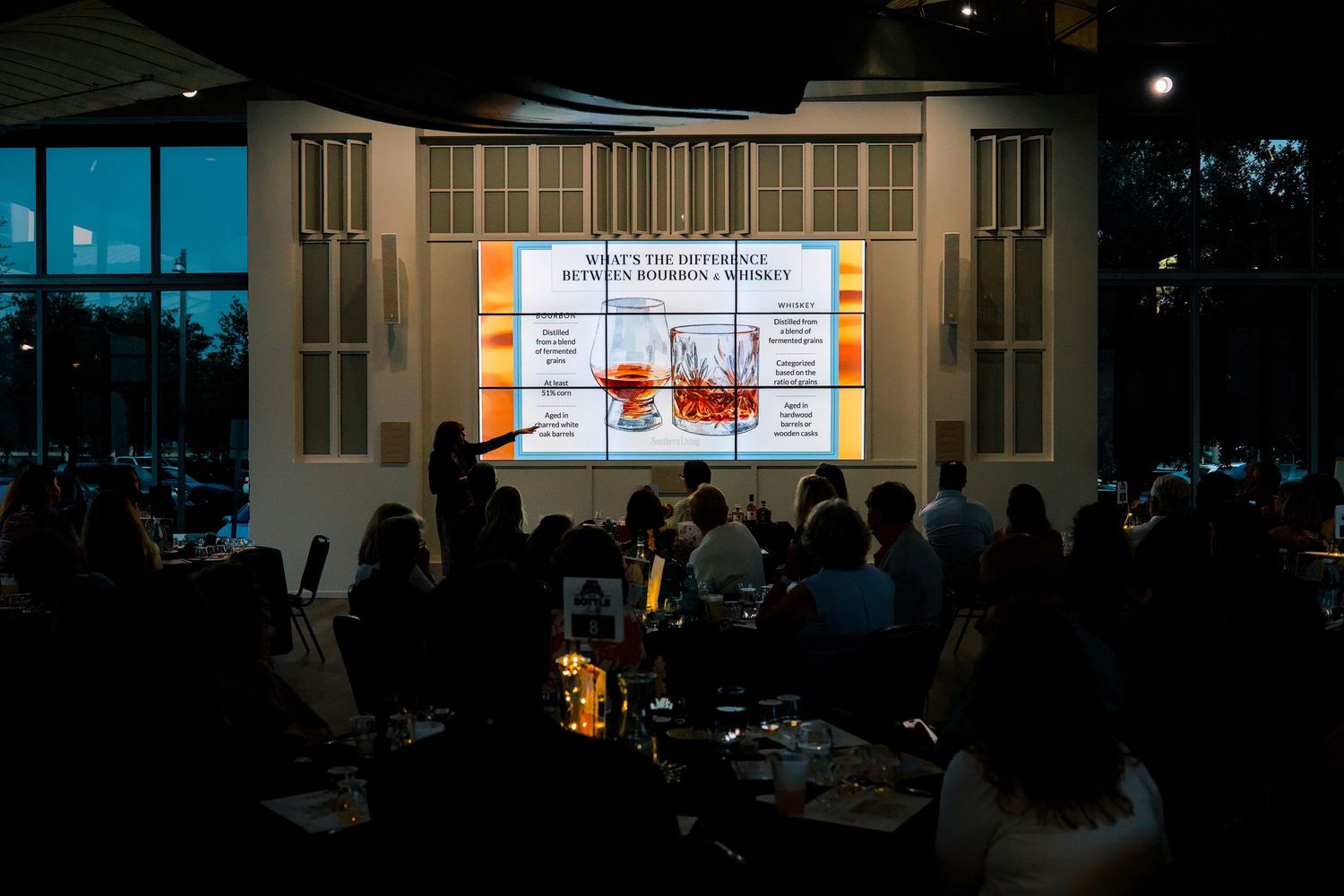 Audience seated at tables in a dim venue watches a presentation screen asking about the difference between bourbon and whiskey.