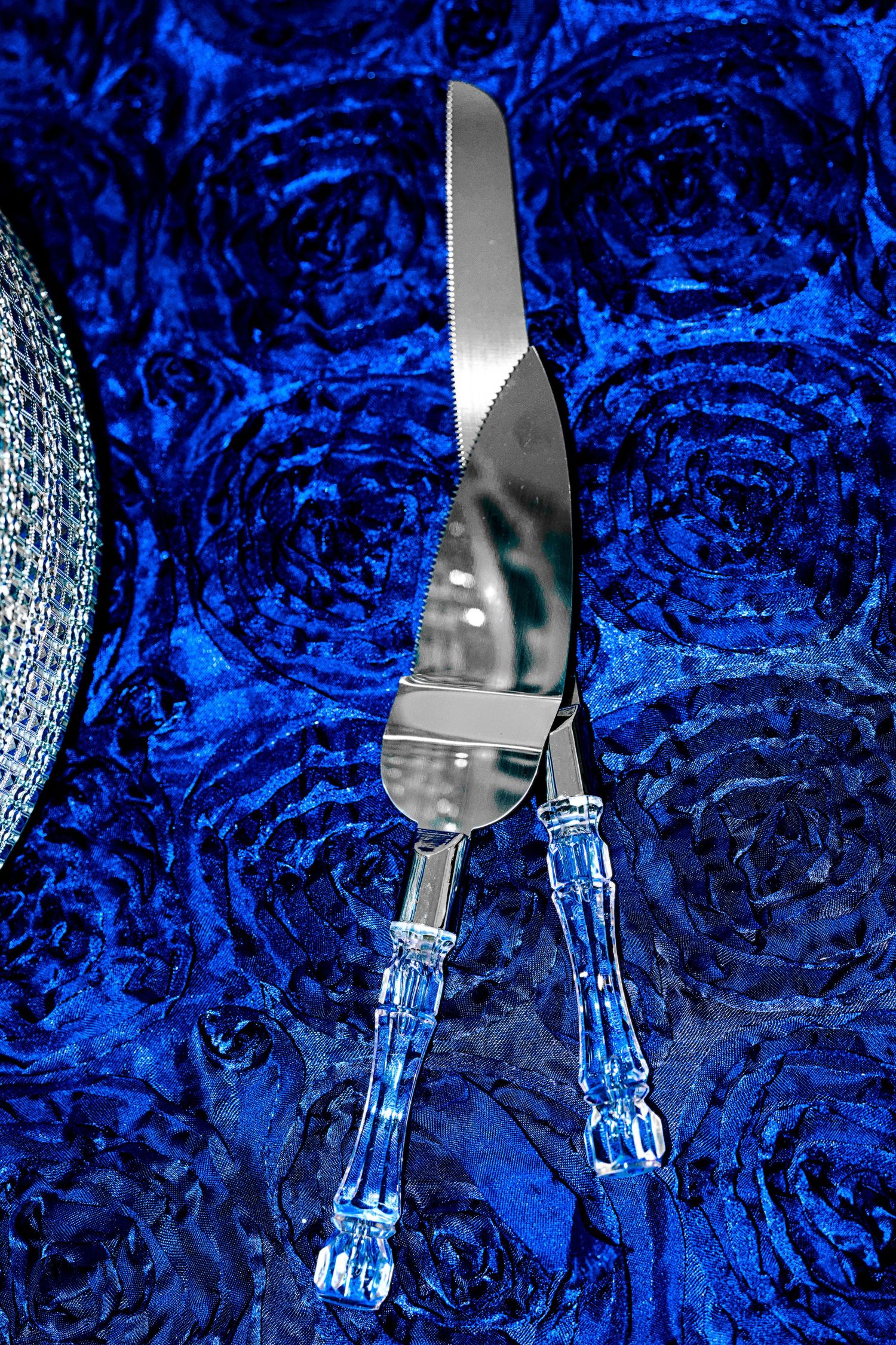 Elegant silver cake knife and server set with crystal handles on a luxurious blue velvet rose background.