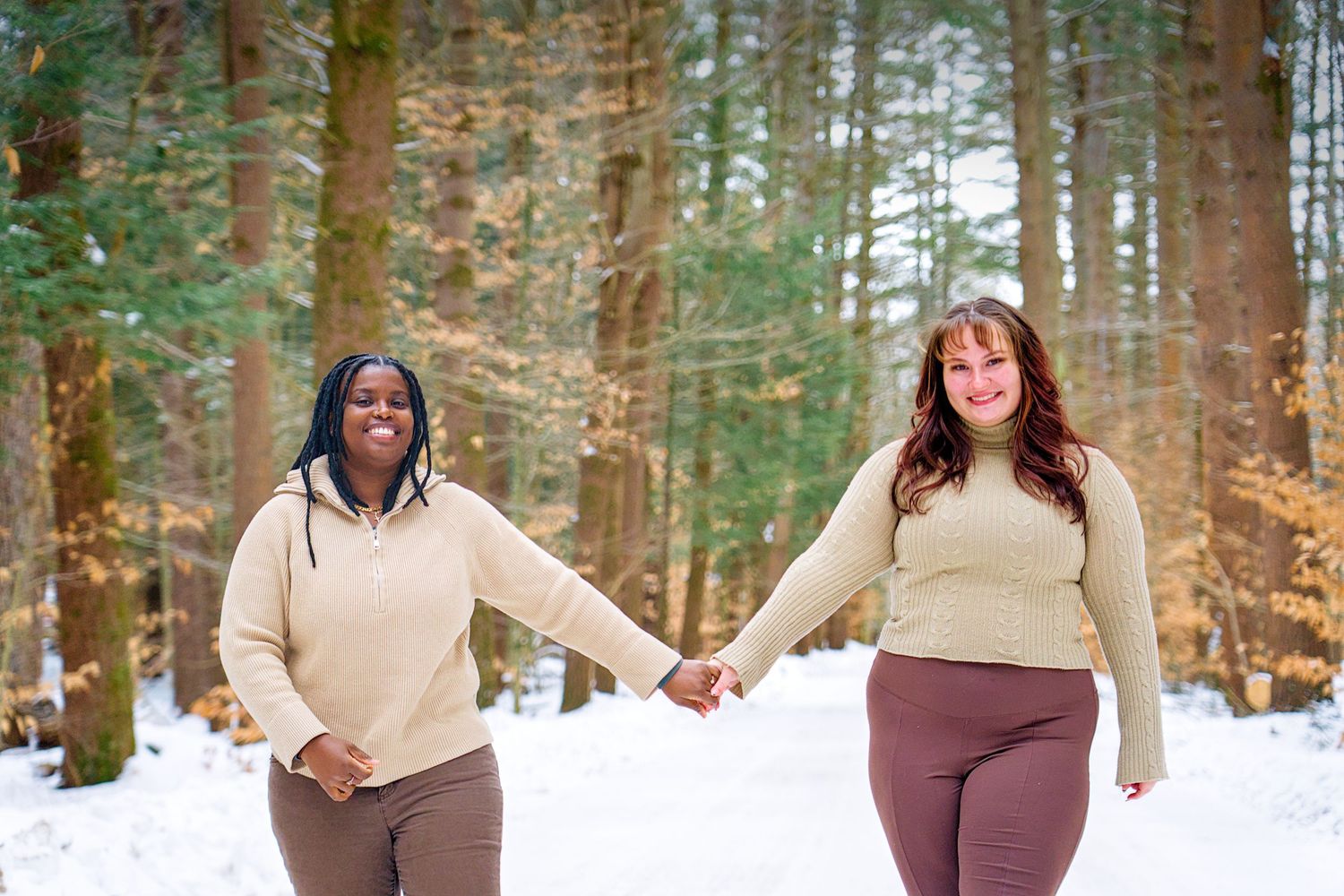 A winter engagement photo collage showing a couple embracing in a snowy forest setting.