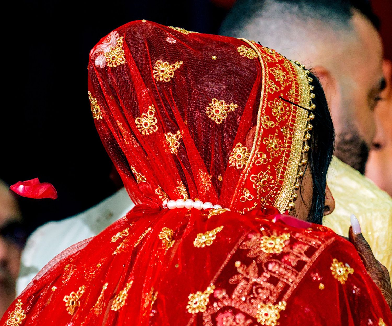 Bride wearing ornate red and gold embroidered dupatta veil during traditional South Asian wedding ceremony.
