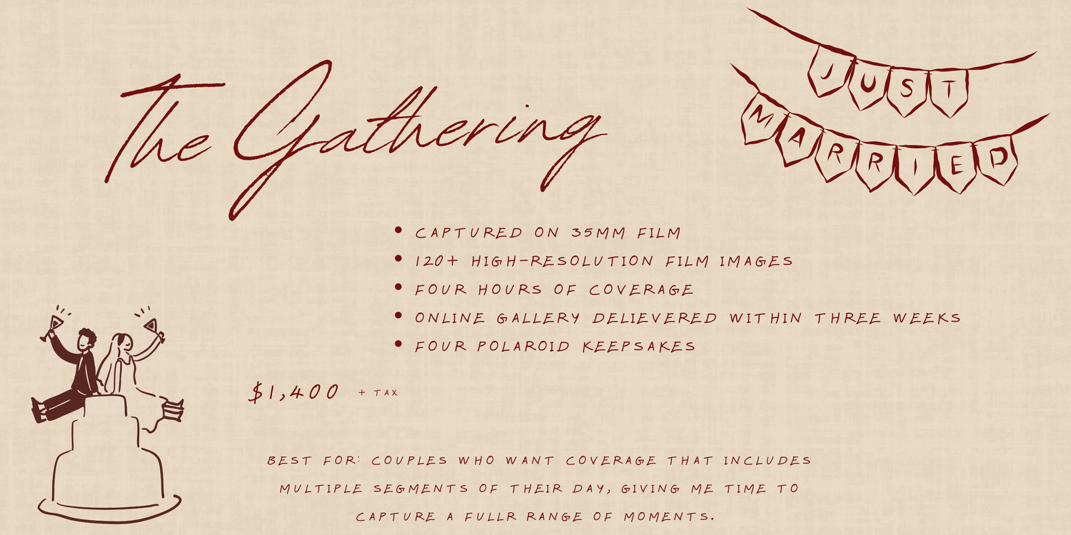 Wedding photography package card for The Gathering, offering 35mm film coverage, high-res images, and online gallery for $1,400.