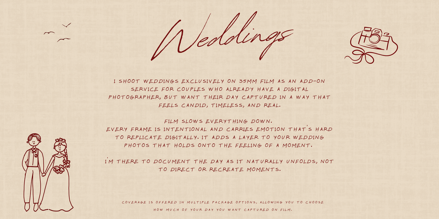 Elegant wedding photography service promotional card with handwritten script text and illustrated bride and groom on cream background.