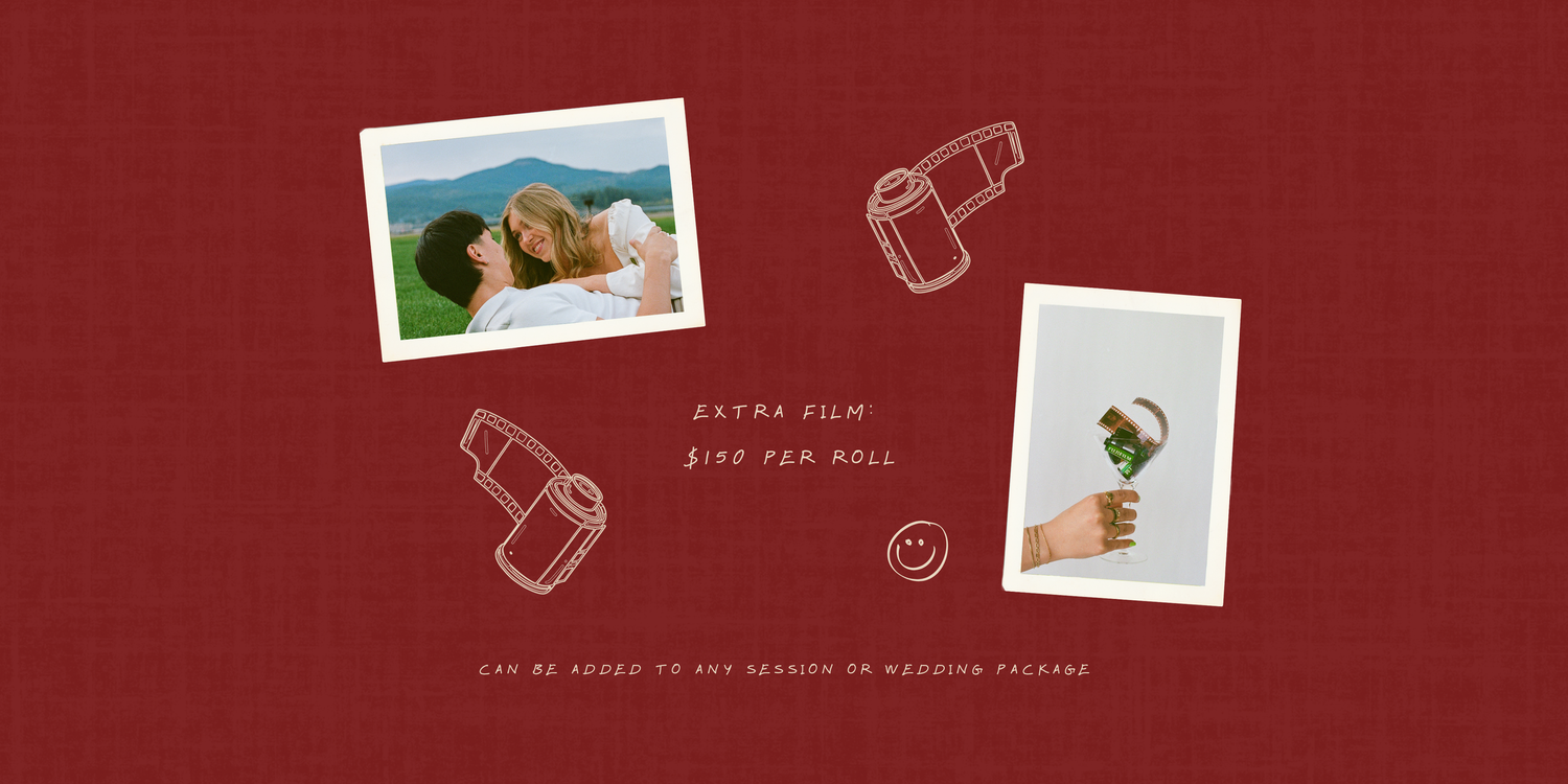 Red vintage-themed banner with Polaroid photos of a couple and a hand holding flowers, promoting extra film at $19 per roll.