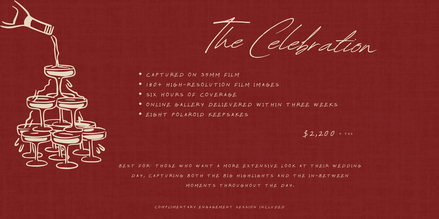 Elegant wedding champagne tower photography package advertisement on red background with gold script text and pricing details.
