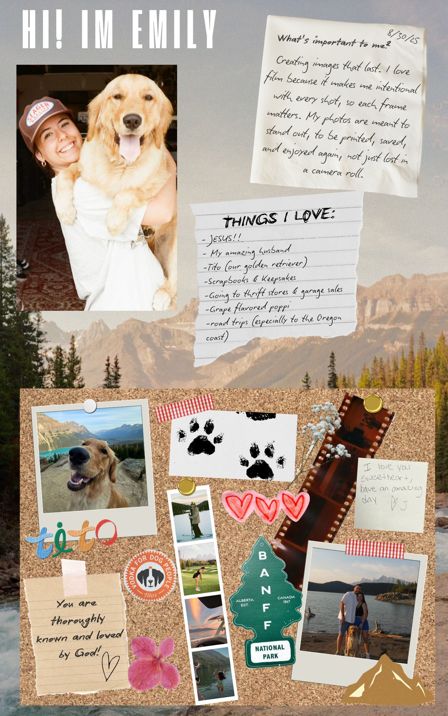 Scrapbook style photo collage featuring outdoor adventure images, handwritten notes, and dog paw prints on a natural paper background.