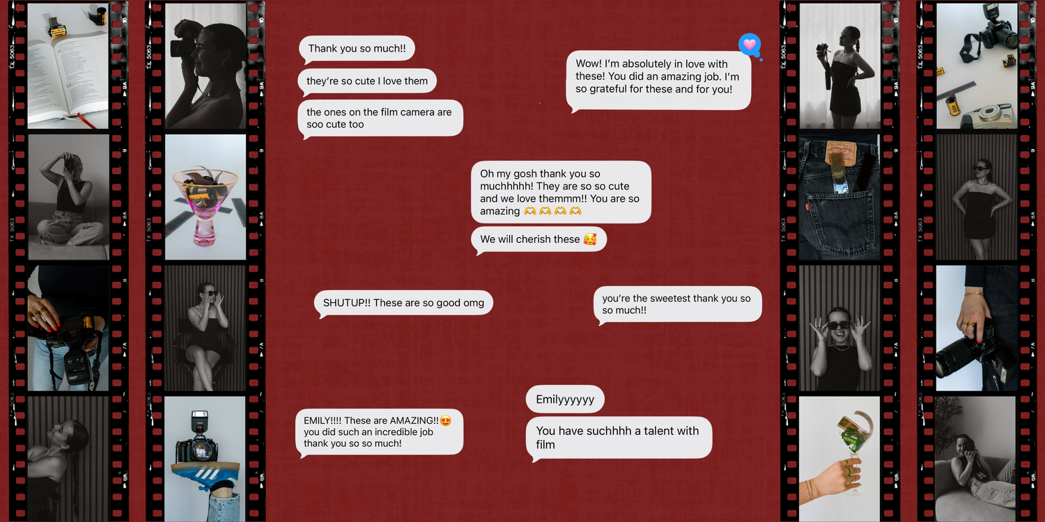 A collage of black and white fashion photos arranged like film strips around text message bubbles on a dark red background.