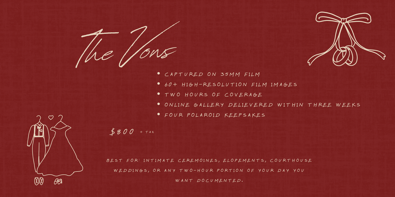 Red promotional card for The Vons photography package featuring film images, two hours of coverage, and Polaroid keepsakes for $400.