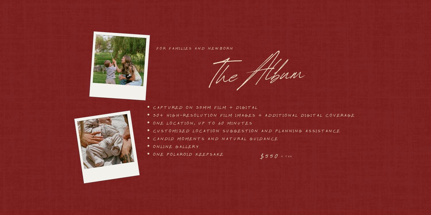 A red-themed photography album package design featuring polaroid-style wedding photos and elegant script typography.