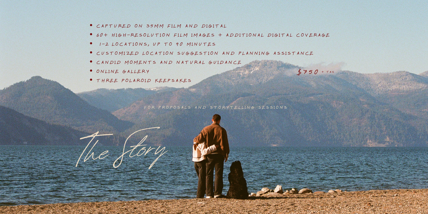 Couple standing on rocky shore with mountain lake backdrop featured in photography package promotional graphic.