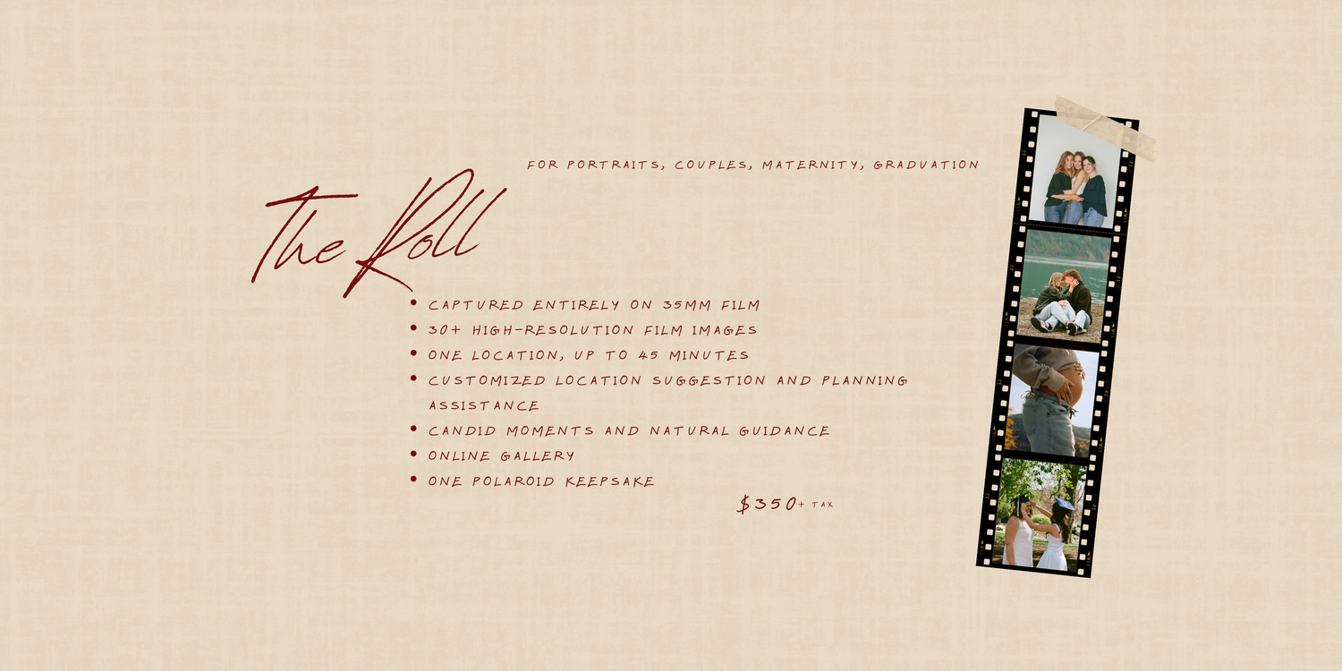 Vintage film strip photography package advertisement on beige background featuring portrait photos and elegant script typography.