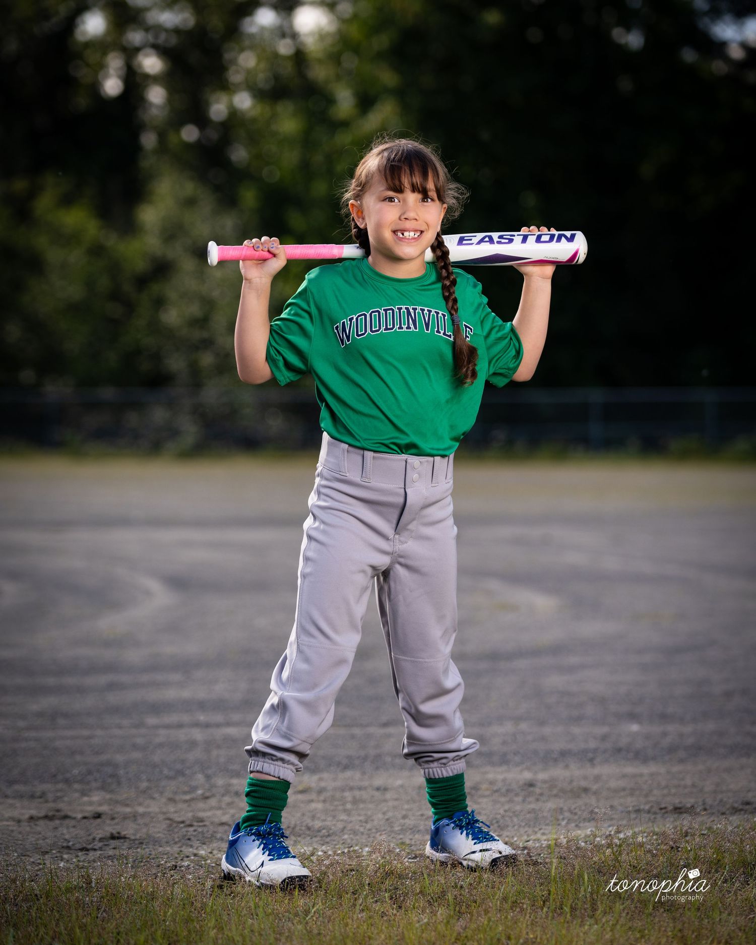 A series of baseball-themed photos showing a player in a green and gray uniform posing with a bat on a field.