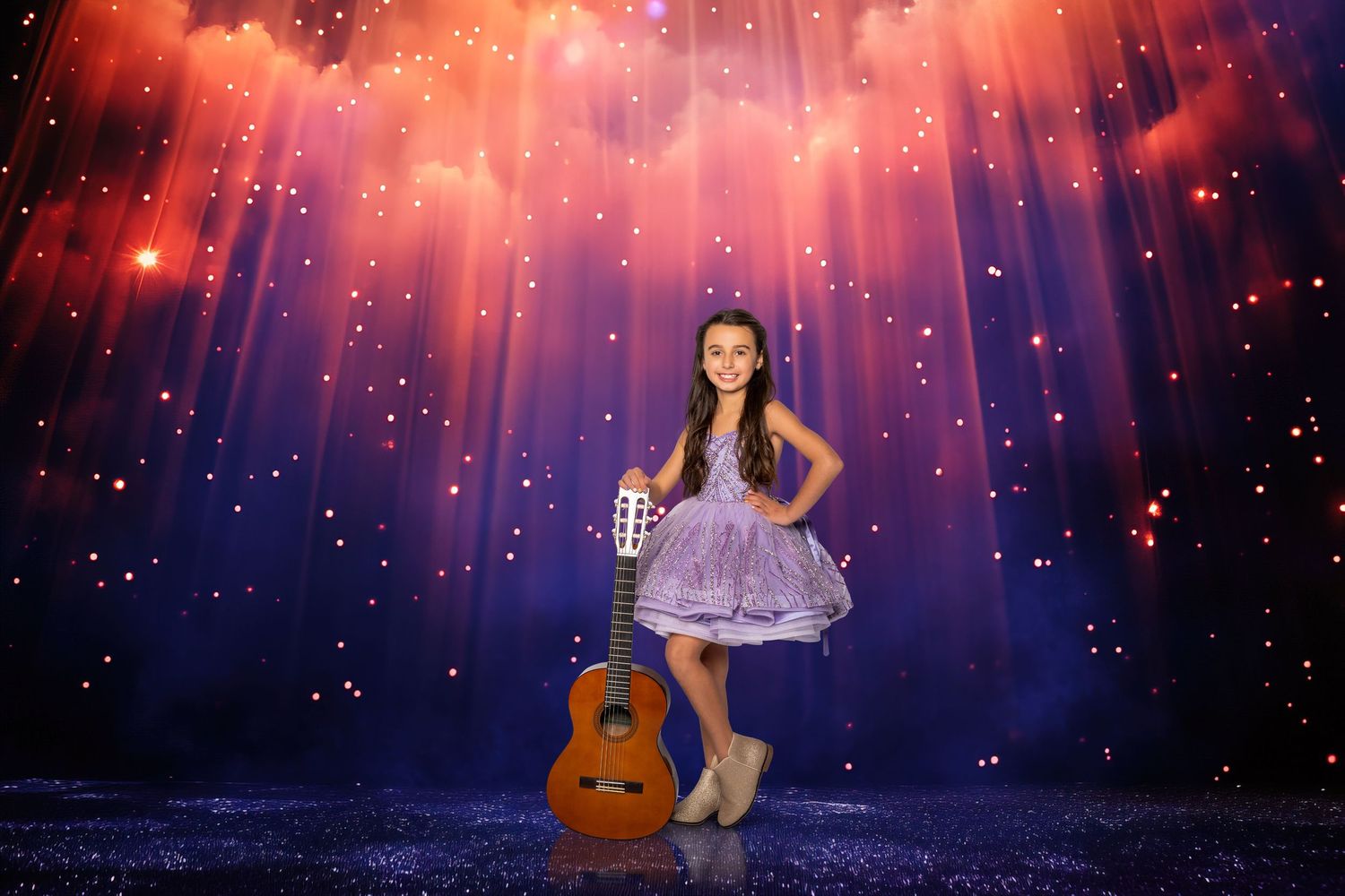 Magical studio portrait with sparkling red lights and dramatic lighting effects.