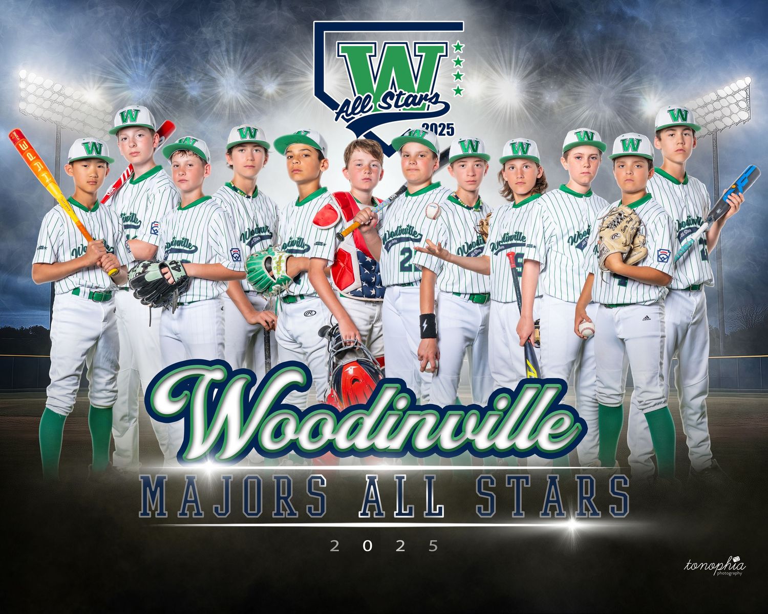 Baseball team panoramic photo showing players in white uniforms with stadium background.