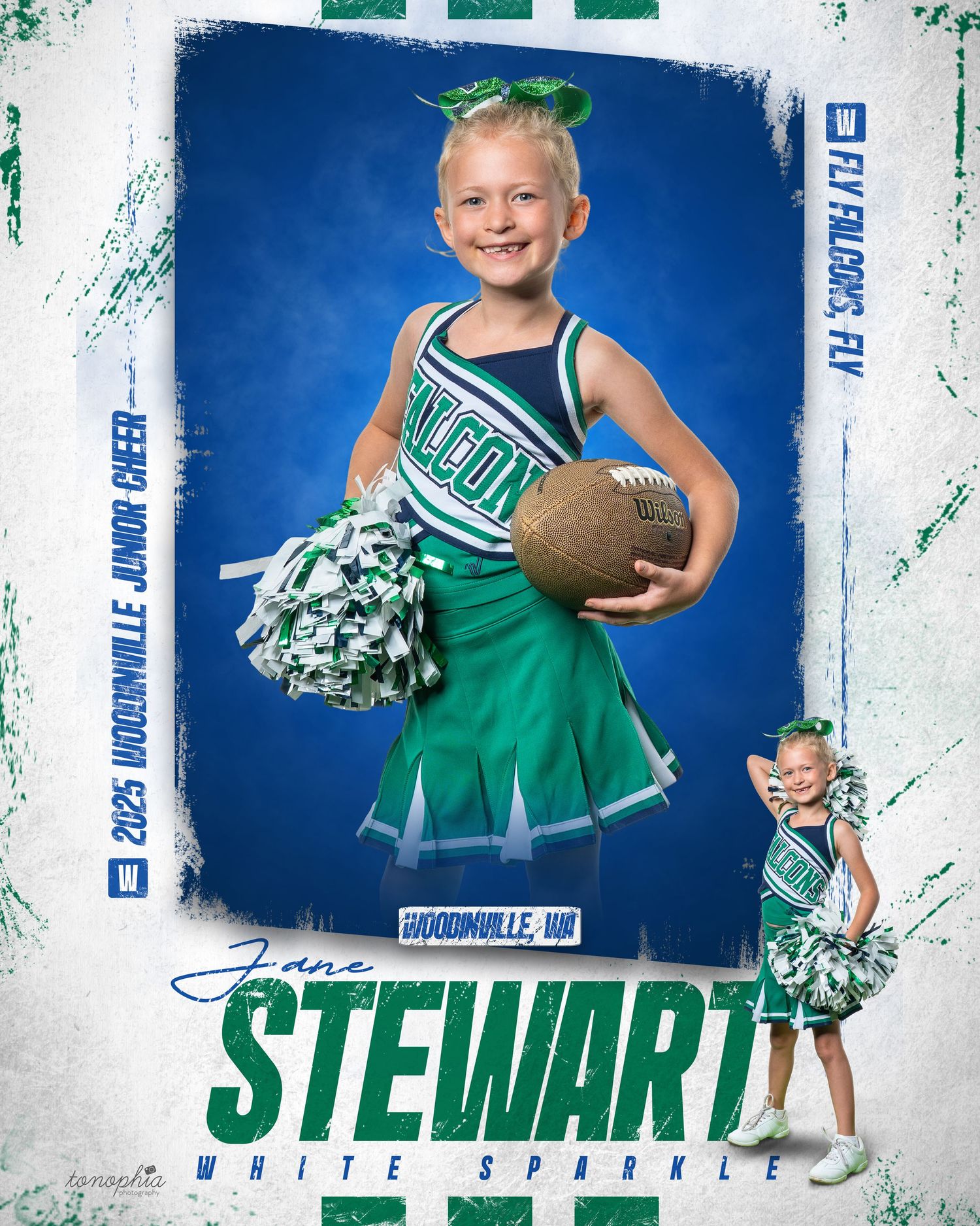 Youth cheerleader in green uniform poses with football in sports composite design.