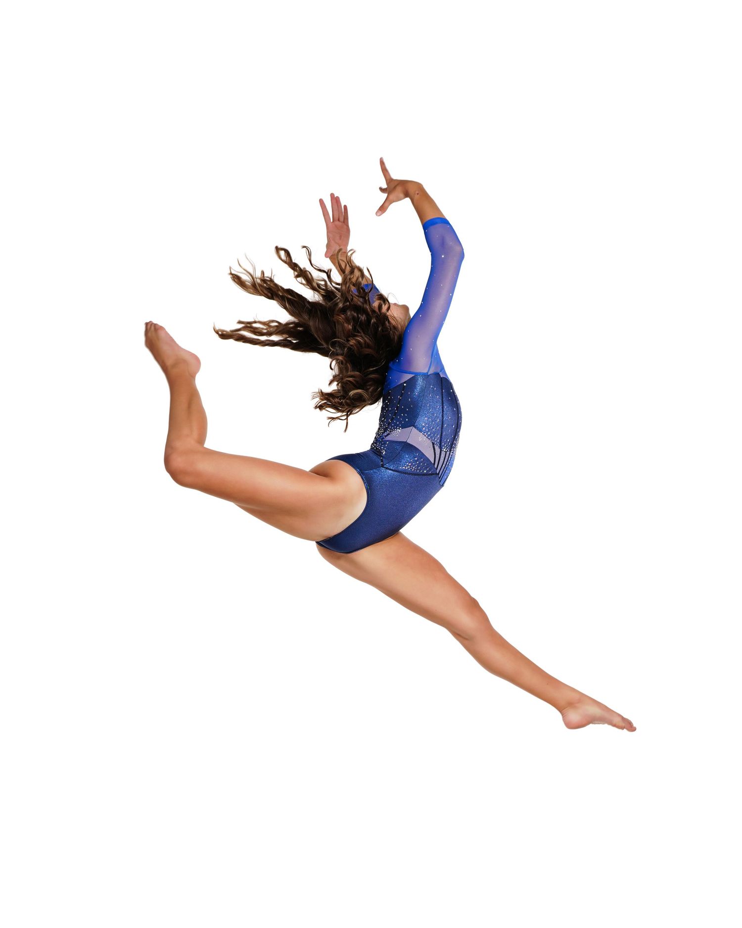 Athletic dancer in blue performing mid-air jumps and dynamic movements.