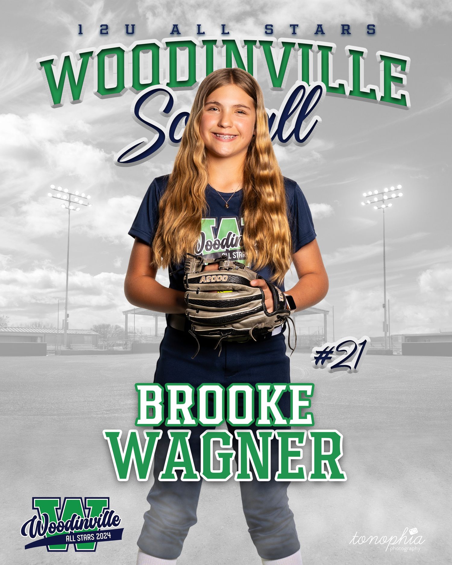 Softball player poses for team photos with Woodinville team branding and text overlay.
