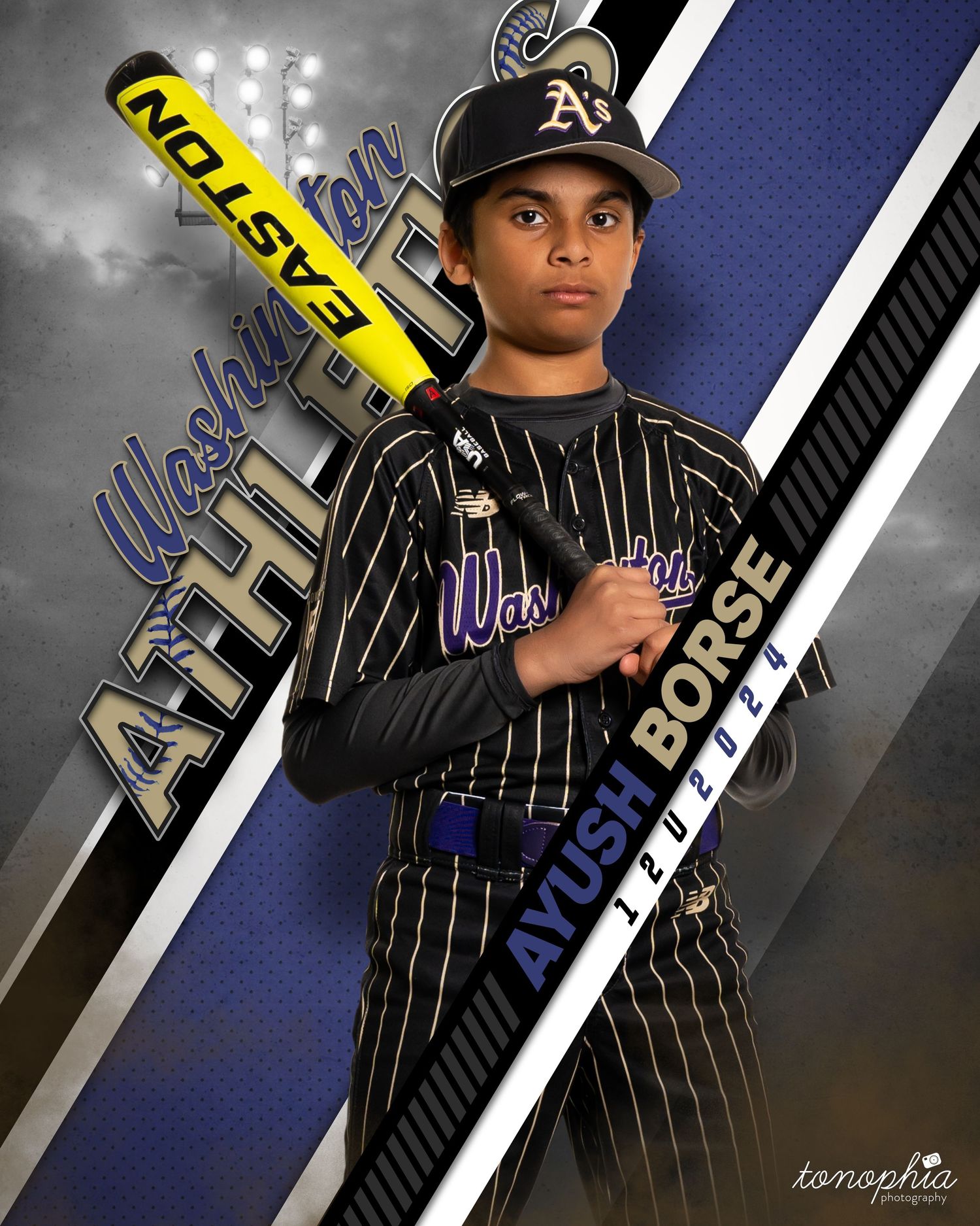 Baseball player in striped uniform poses against blue and black backdrop with dramatic lighting.