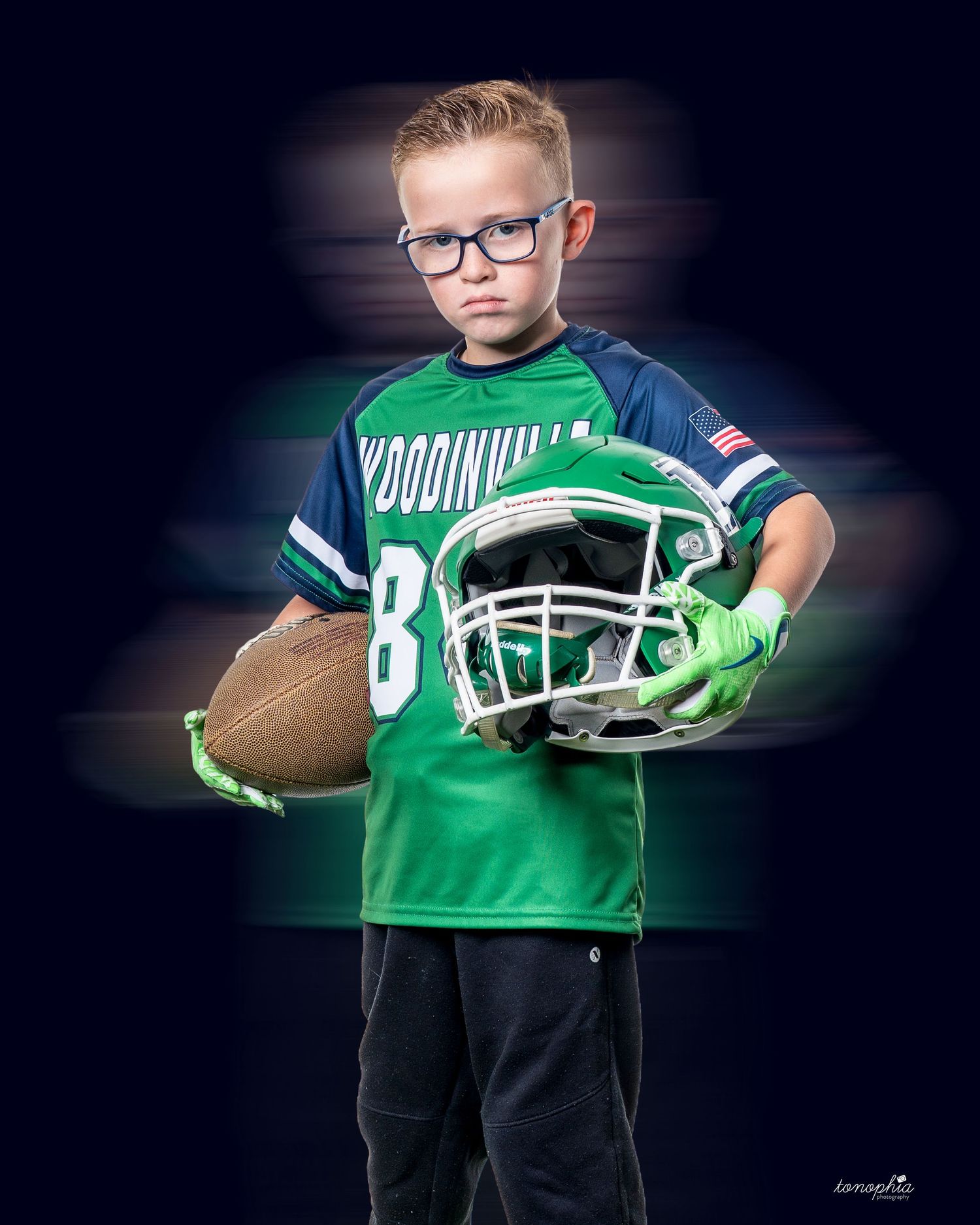 Youth sports photo series showing player poses in green uniform against dark background.