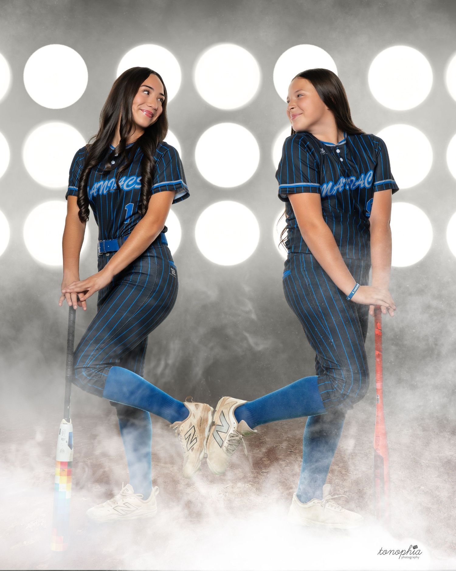 Dynamic sports photo series with smoke effects and spotlights showing player in navy uniform.