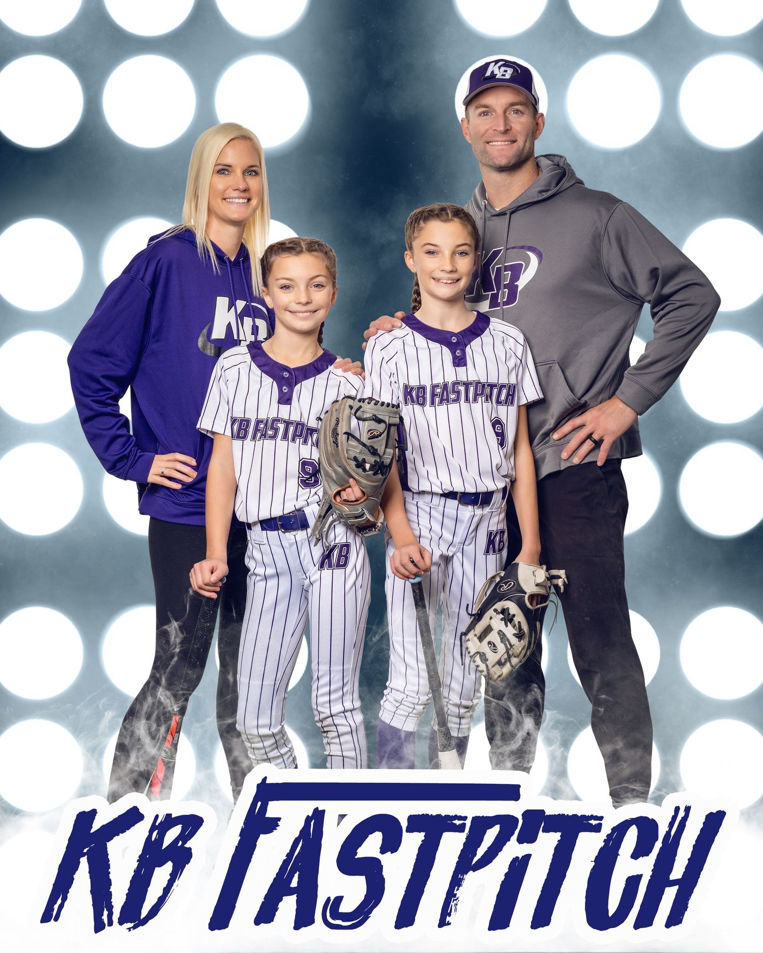 Baseball team family portrait series with players and parents in striped uniforms.