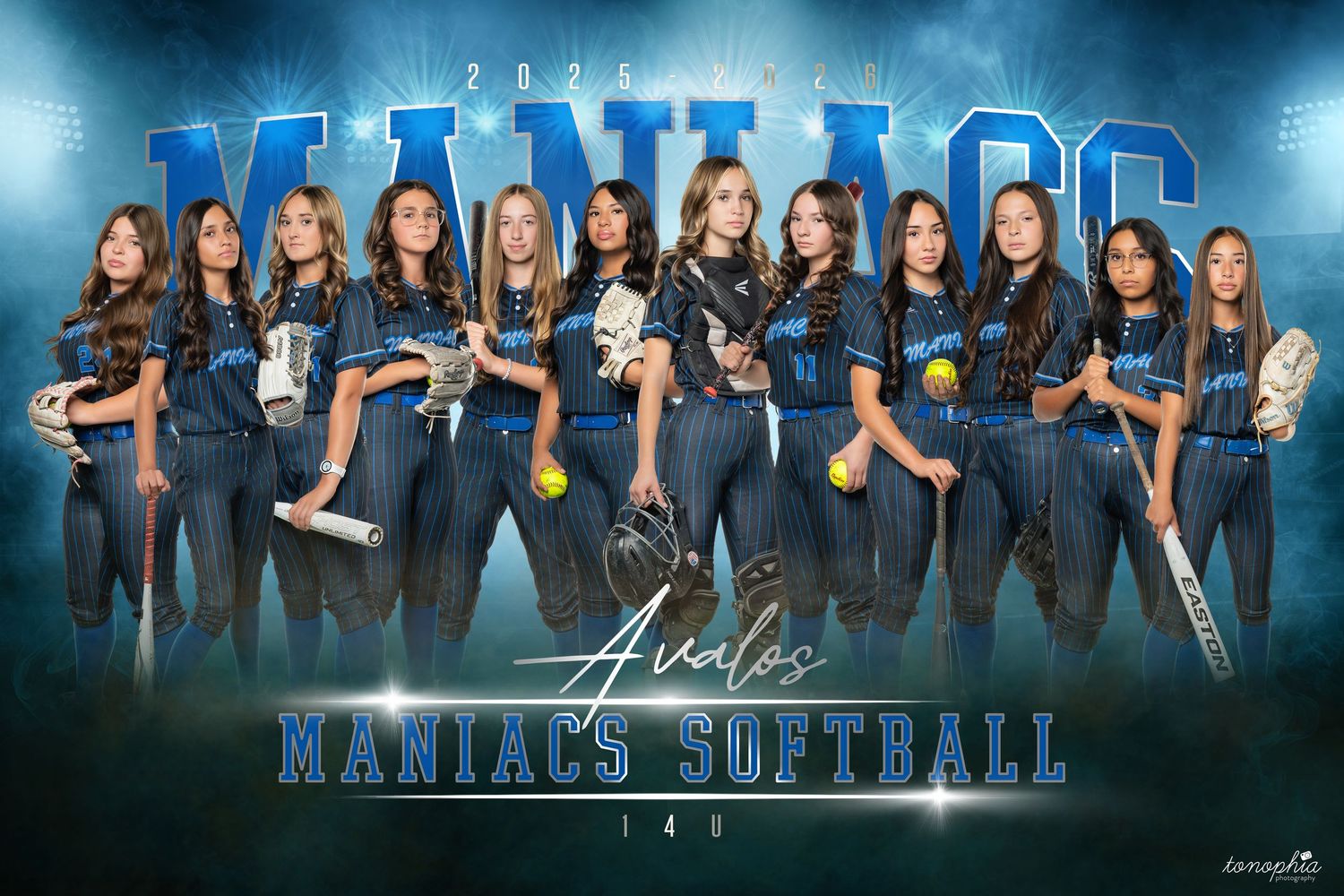 Large group softball team photo with blue dramatic lighting and team branding.