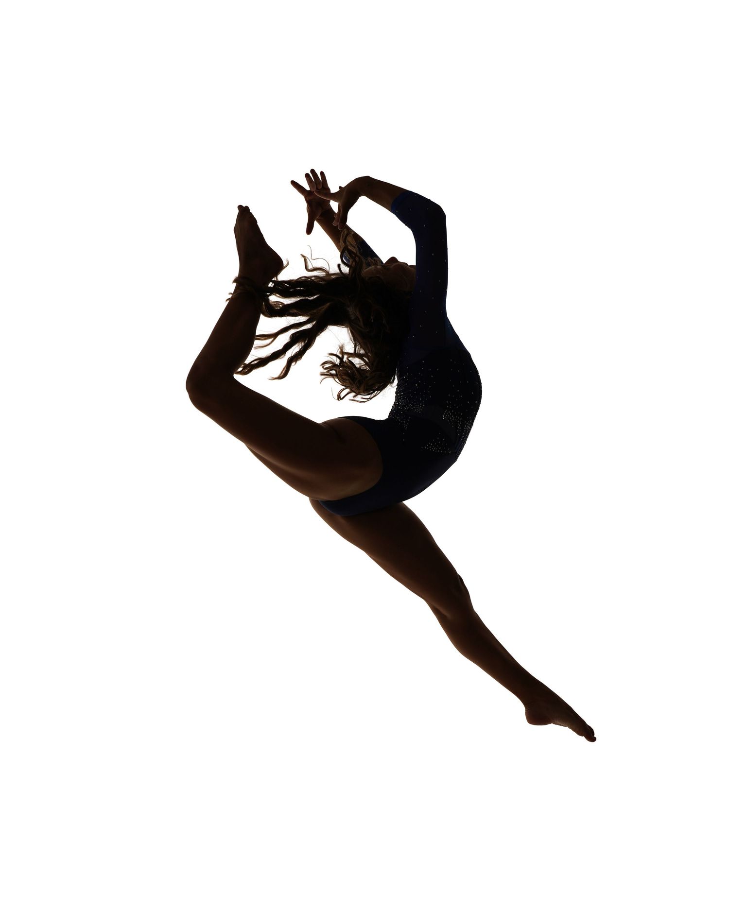 Silhouettes of a dancer performing dynamic leaps and poses against a white background.