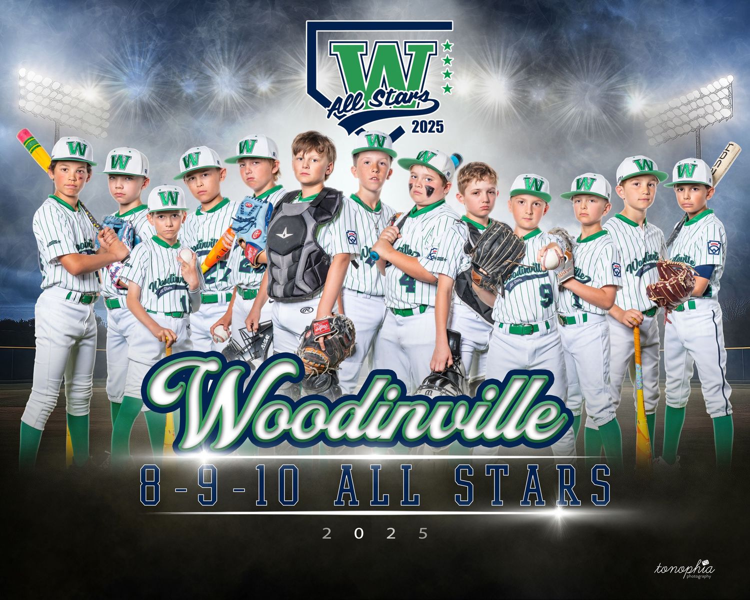 Woodinville 8-9-10 All Stars baseball team photo with players in white uniforms.