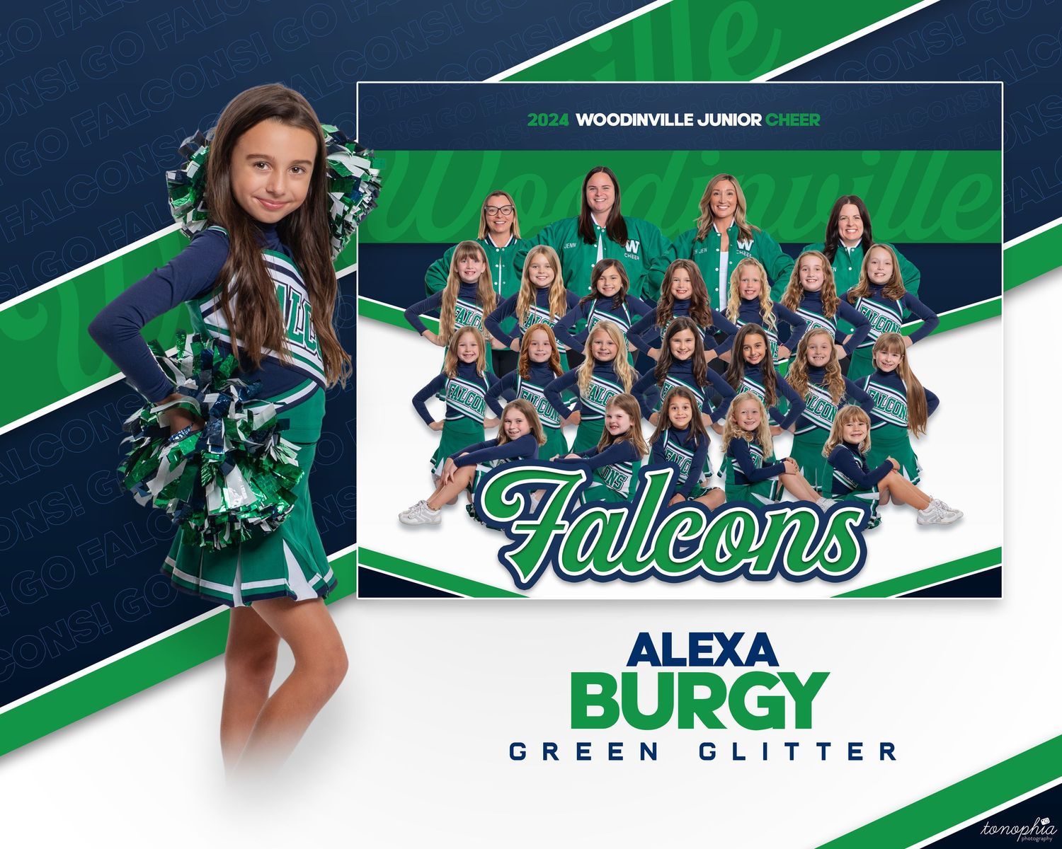 Sports team photo collage with green and navy geometric design elements.
