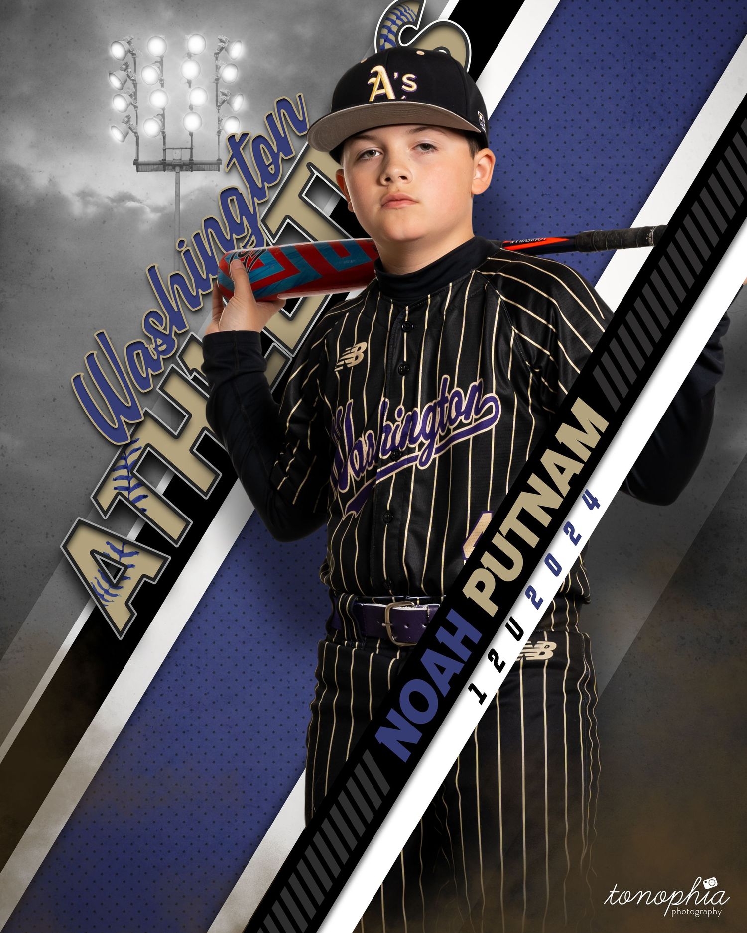 Youth baseball player in pinstripe uniform poses for sports portraits with dramatic lighting.