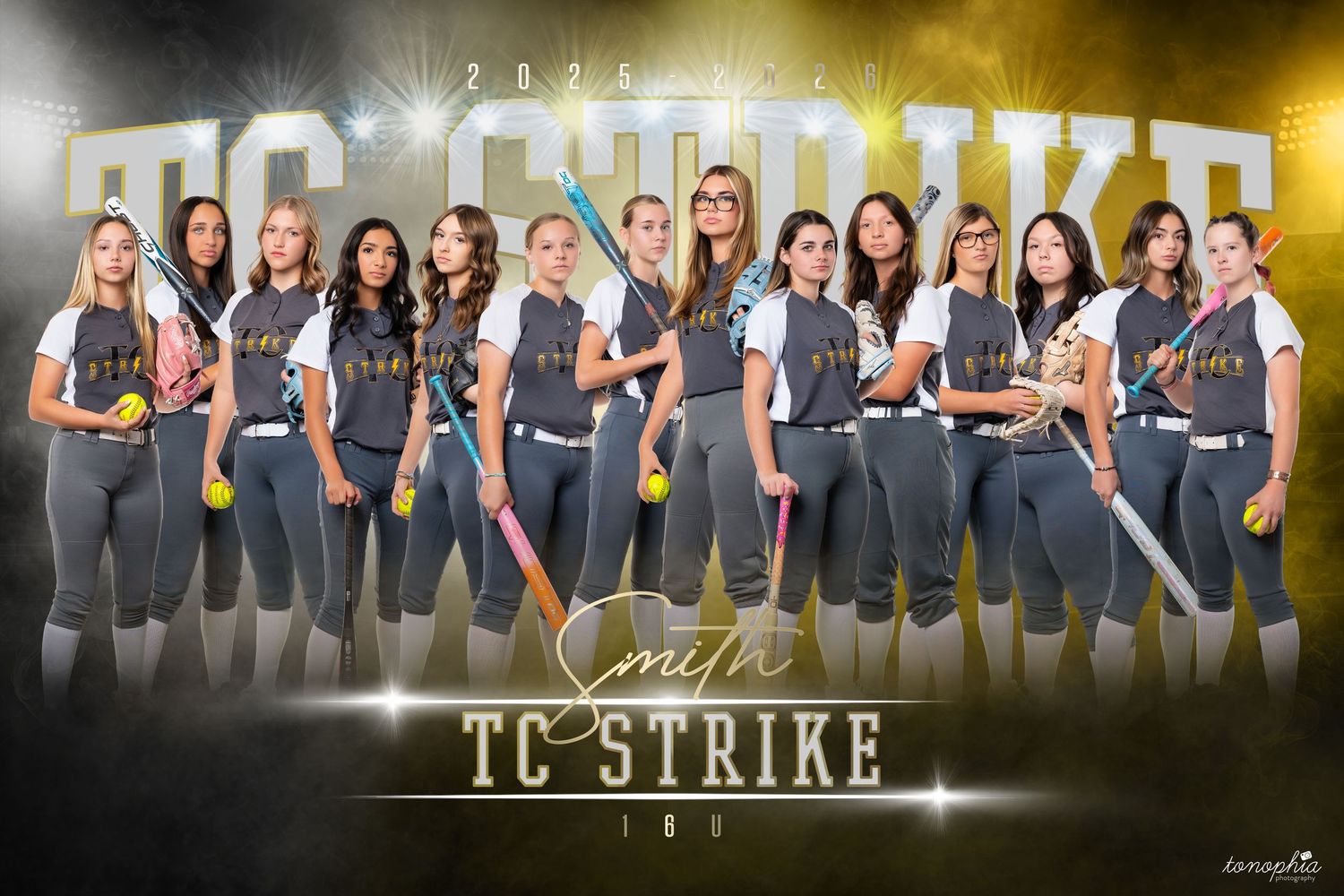 A group of people wearing dark athletic wear pose together in a row with a glowing light effect in the background.