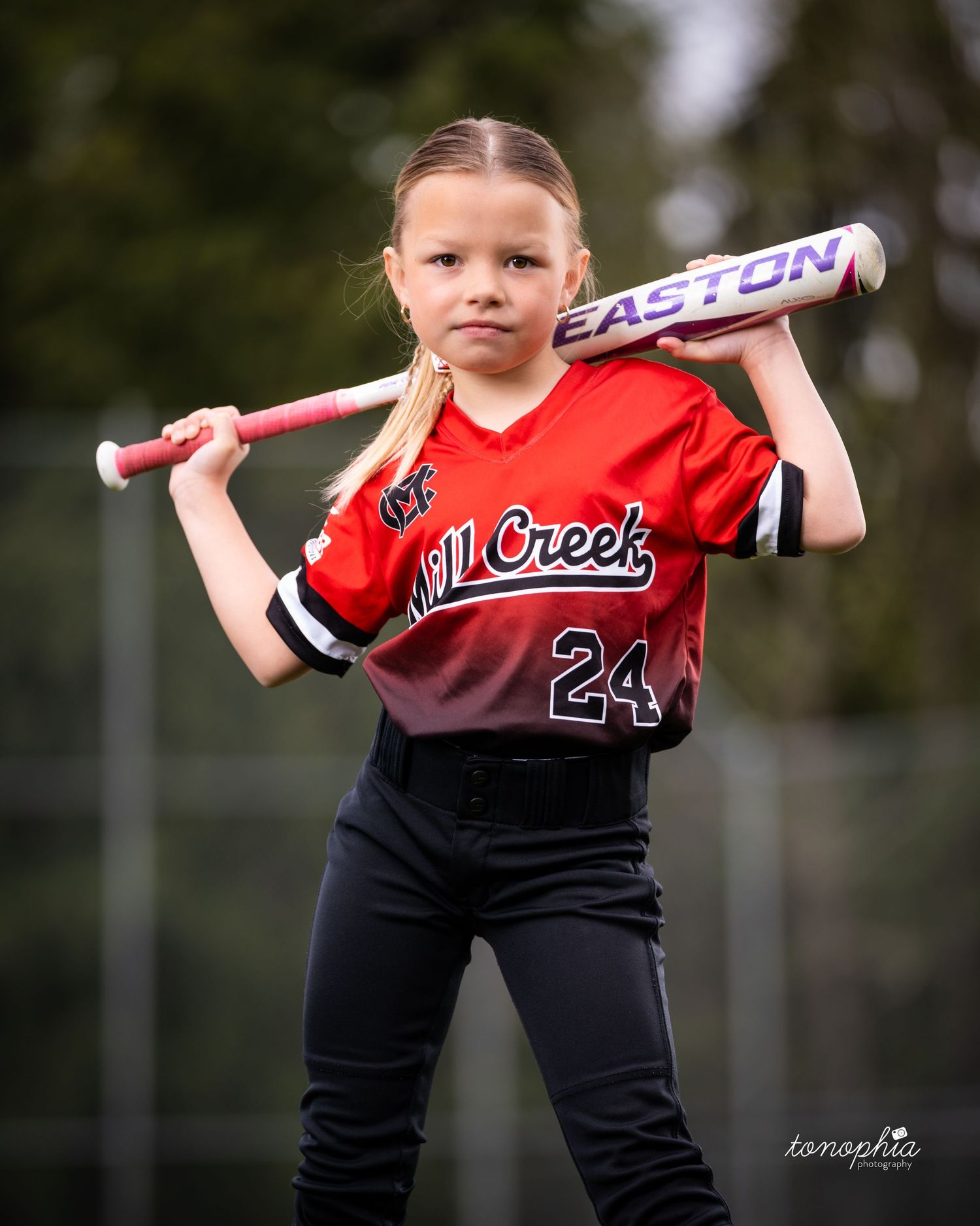 A youth baseball player in a red and black uniform demonstrates batting stance progression in multiple frames.